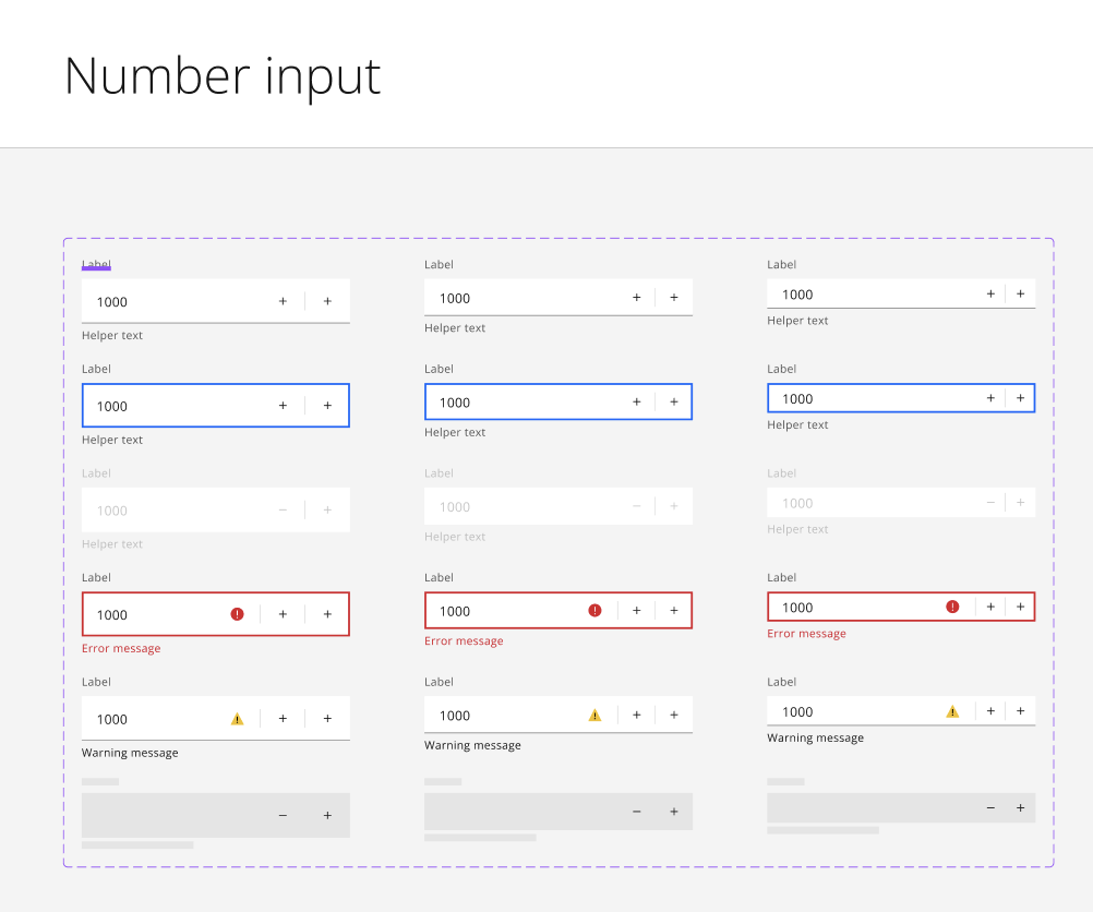 Number input component design library documenting input states, error messages, and warning messages.