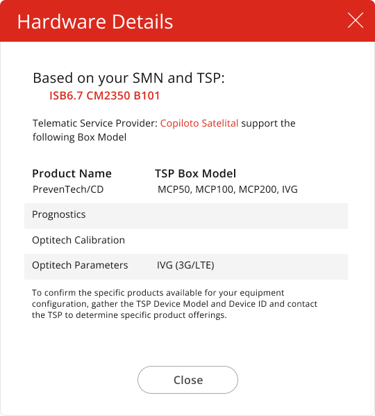 Hardware Details concept listing product compatibility and supported telematics box models.