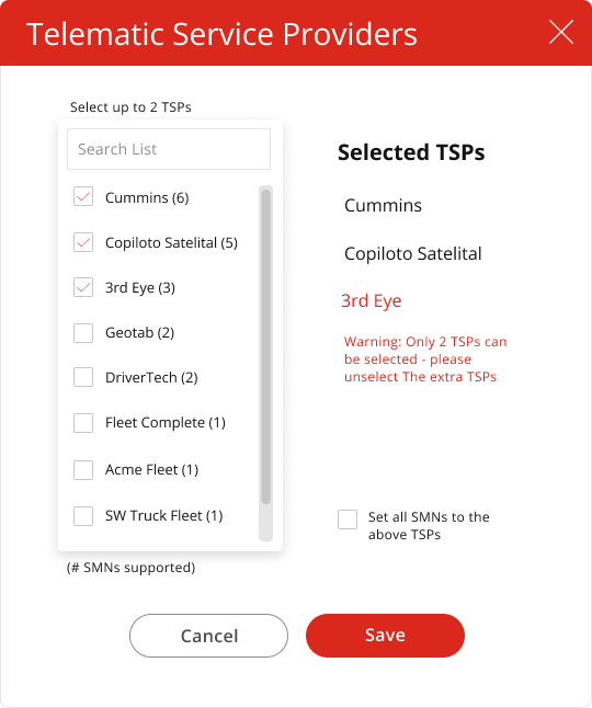 Telematic Service Providers concept with provider selection and a warning when more than two providers are selected.