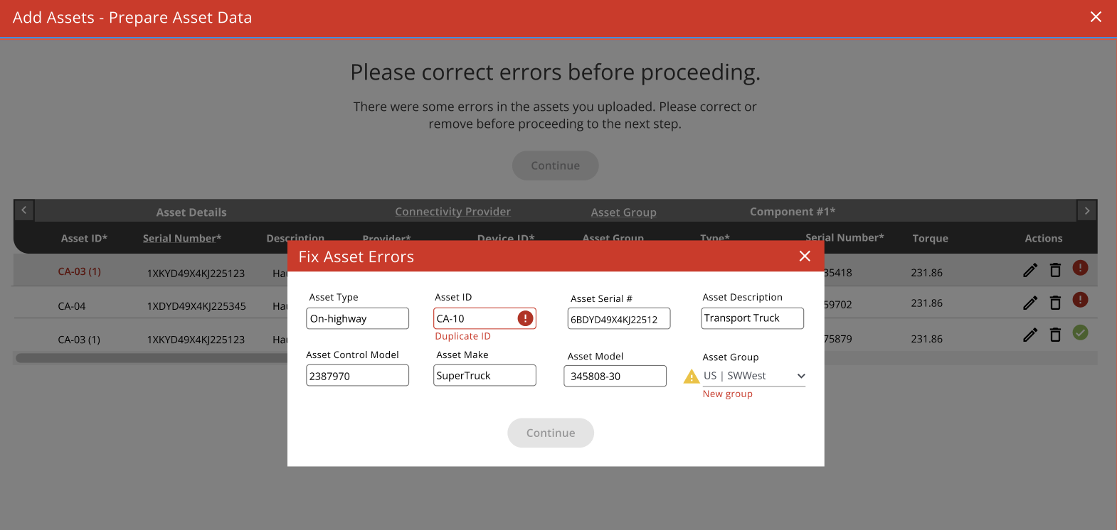 Equipment setup design with an asset table and a Fix Asset Errors dialog.