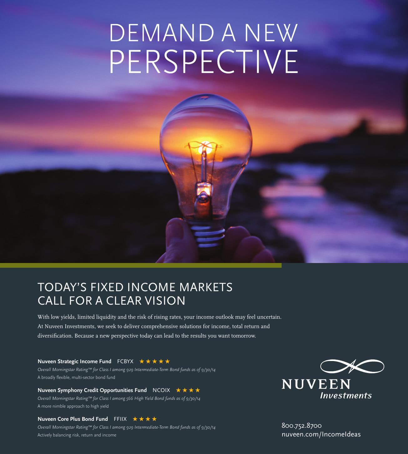 Nuveen print advertisement showing a lightbulb held in front of a sunset.