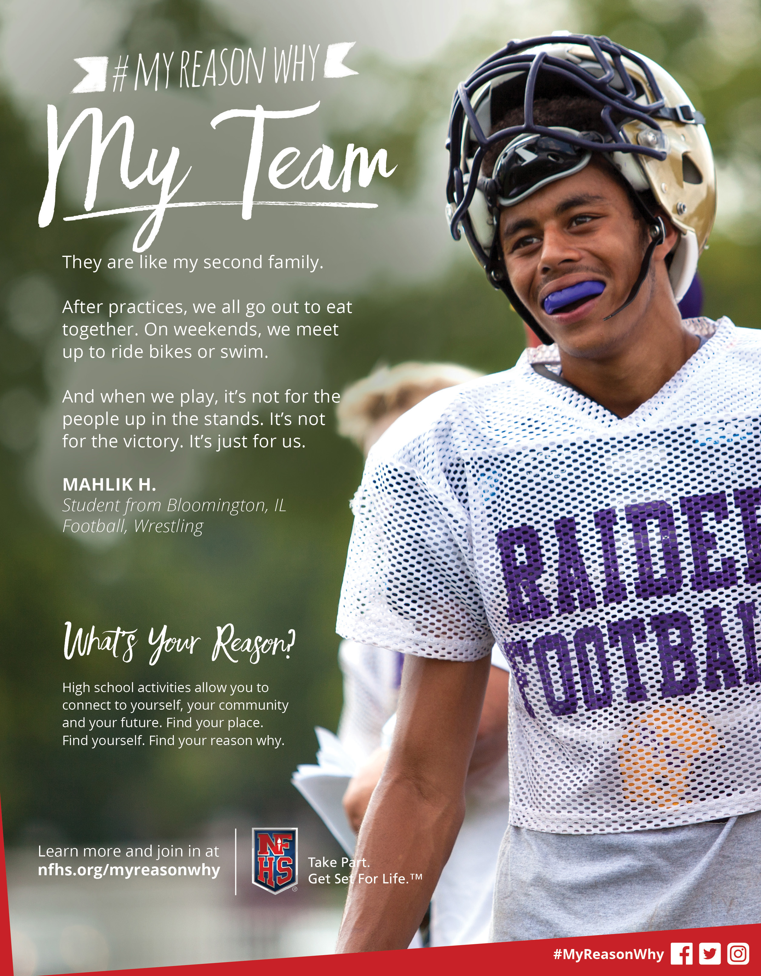 My Reason Why football poster featuring a student’s My Team story and the NFHS invitation to participate.