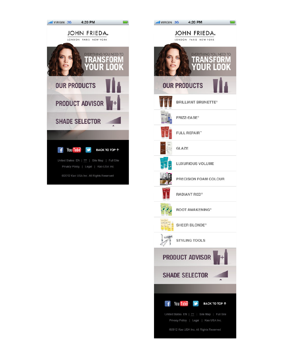 Two John Frieda mobile designs showing Product Advisor, Shade Selector, and product-family navigation.