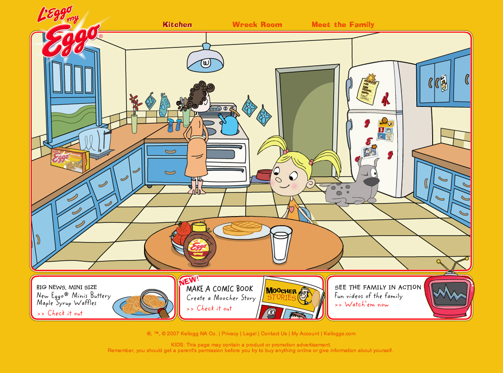 Animated Eggo family kitchen with navigation to products, games, and family content.