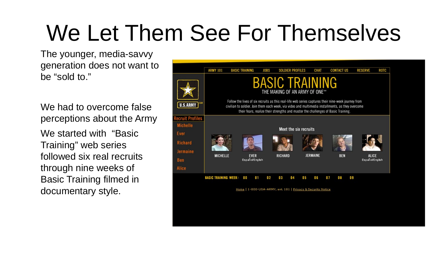 Basic Training website screen presenting six recruits and their weekly stories.