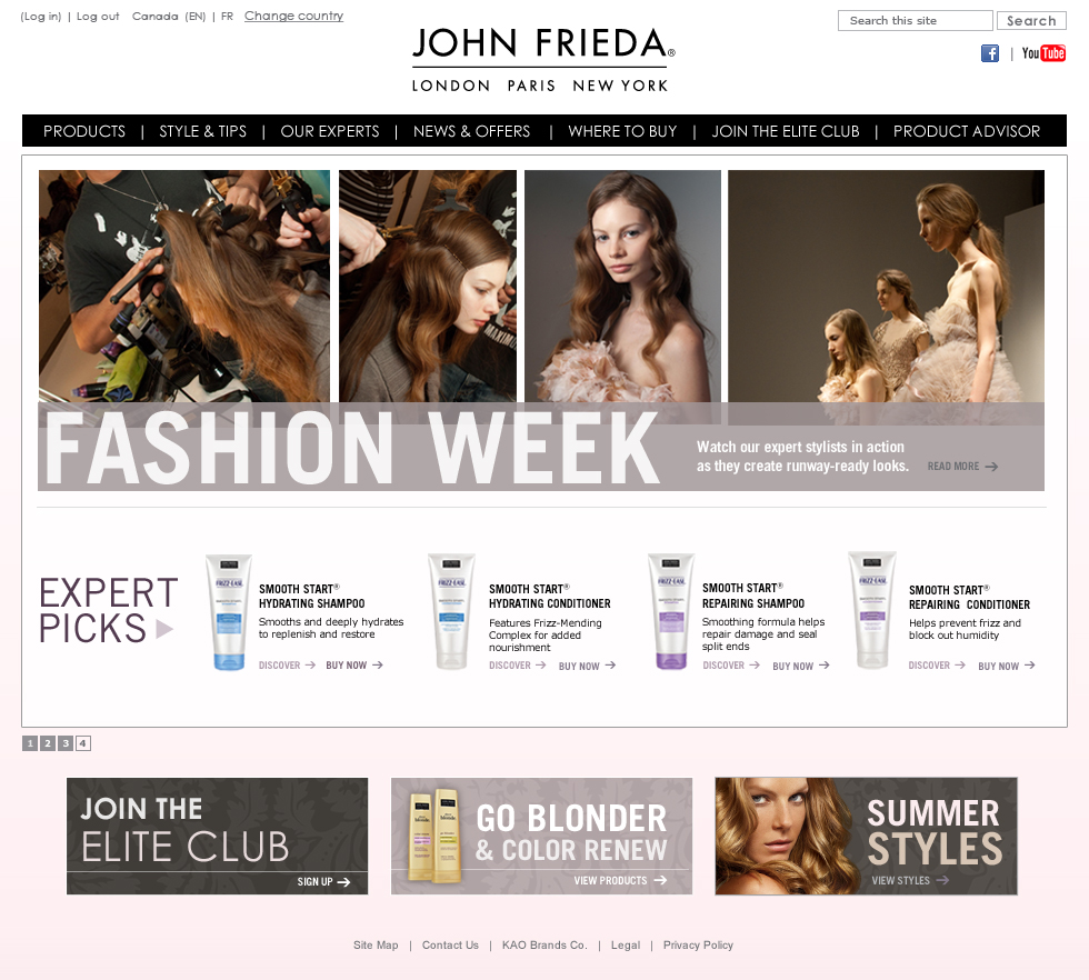 John Frieda global website concept with Fashion Week photography, product picks and navigation
