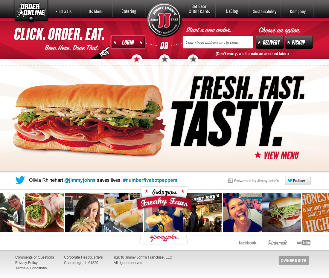Jimmy John’s desktop design comp with sandwich photography, account login and delivery or pickup choices