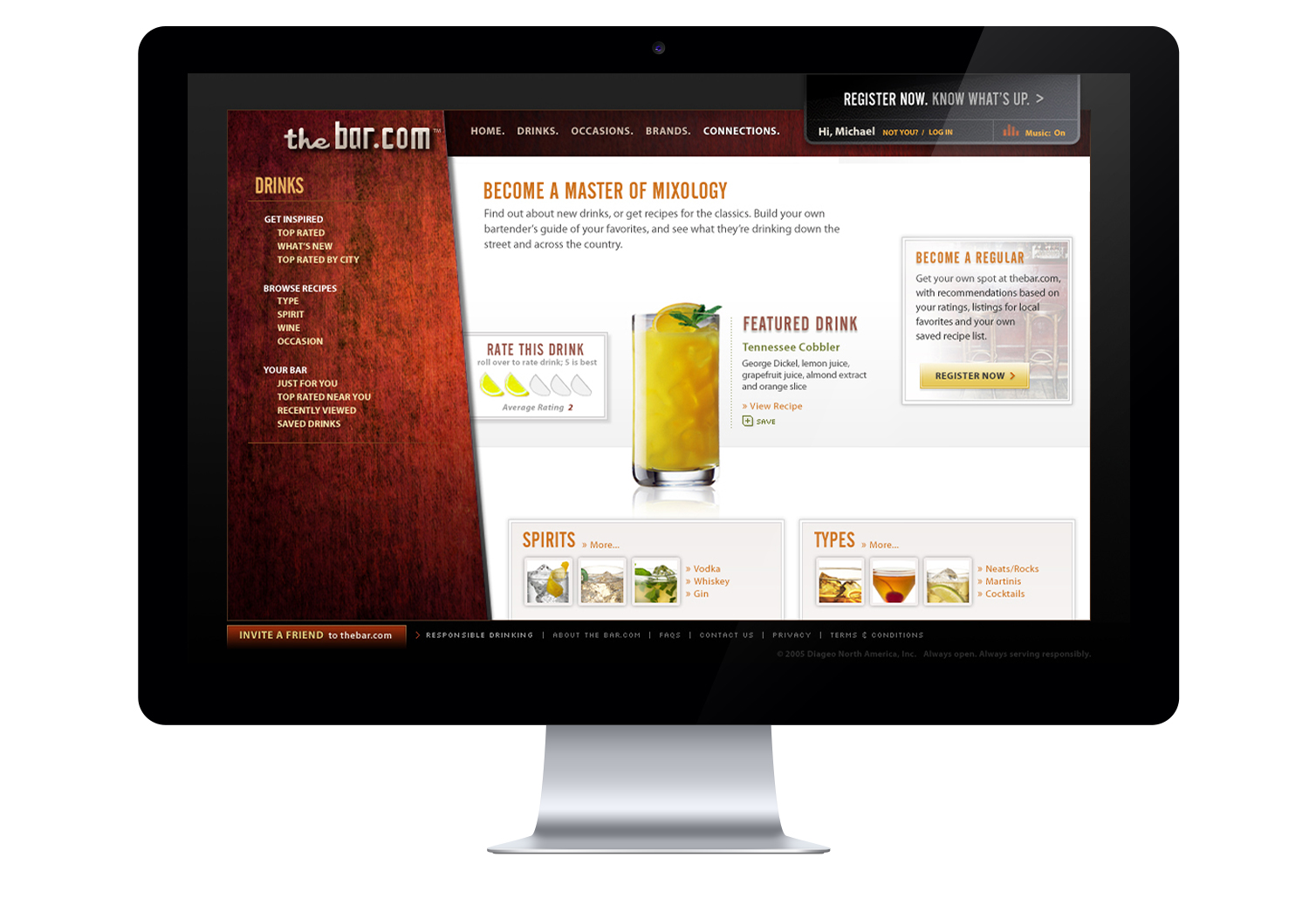 Thebar.com interface with drink recipes, ratings, saved drinks, and a registration invitation.