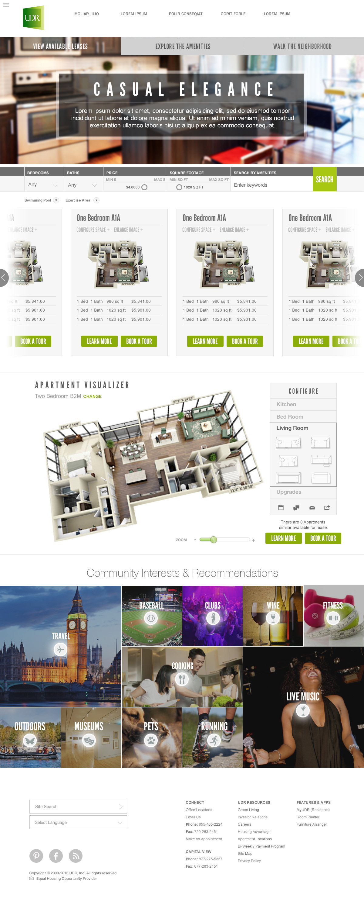 UDR long-page comp with property search, floor plans, apartment visualizer, and community interests.