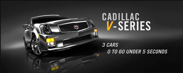 Cadillac V-Series vehicle beside the claim that three cars accelerate from zero to sixty in under five seconds.