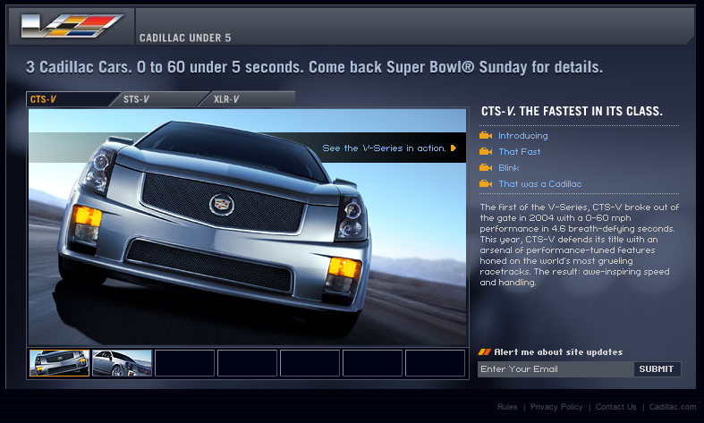 Cadillac Under 5 product screen presenting the CTS-V with model tabs, films, details, and campaign updates.