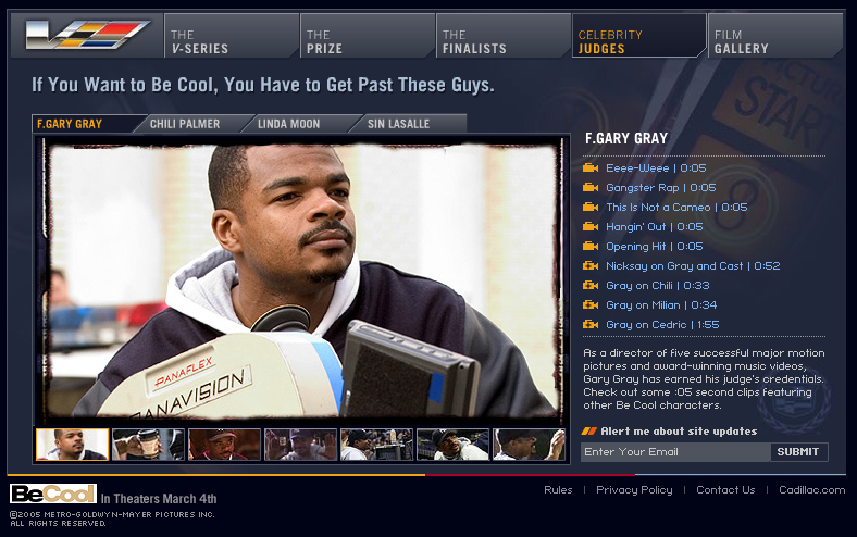 Cadillac Under 5 celebrity judges screen featuring director F. Gary Gray and Be Cool partnership content.