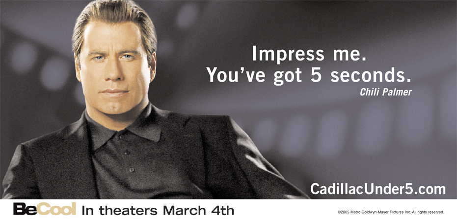 Horizontal Cadillac Under 5 creative featuring John Travolta and the line Impress me. You've got 5 seconds.