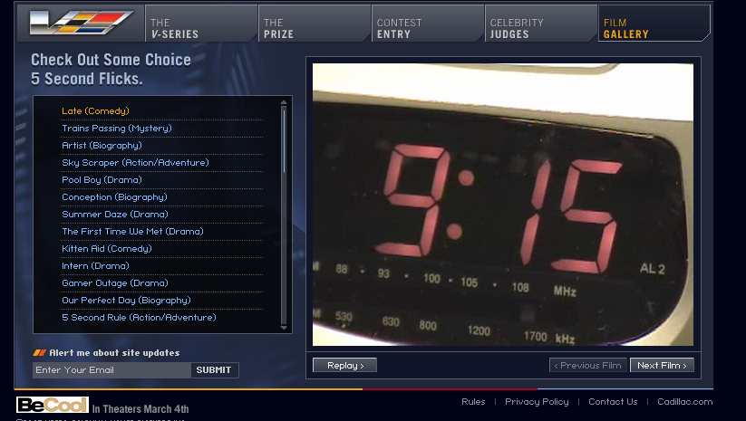 Cadillac Under 5 film gallery listing five-second entries with playback, replay, and next-film controls.