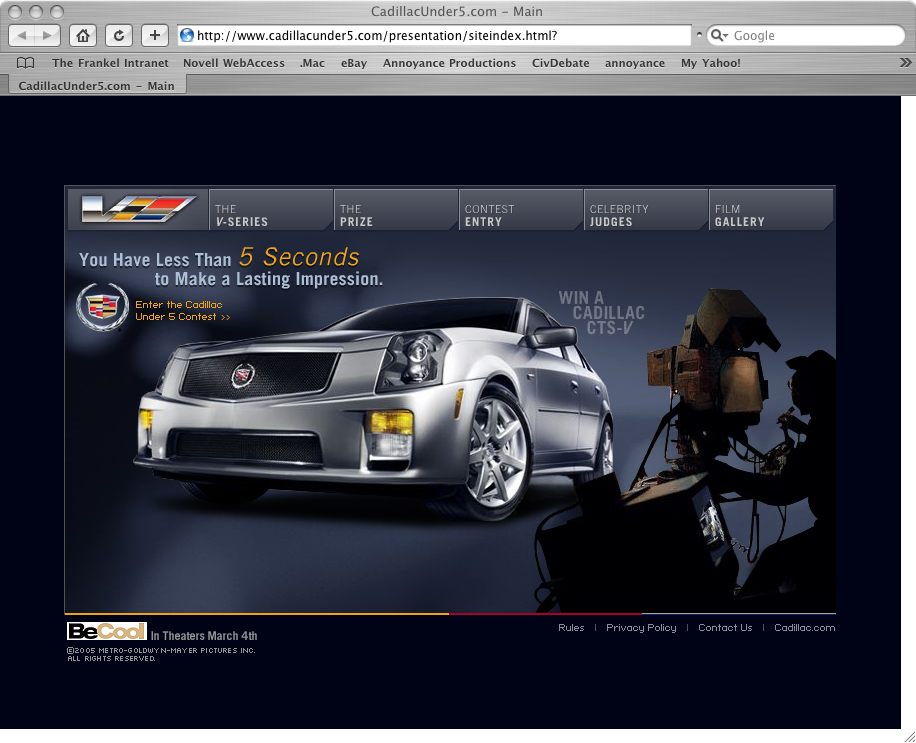 Cadillac Under 5 landing page inviting visitors to enter beside a CTS-V and a film crew silhouette.