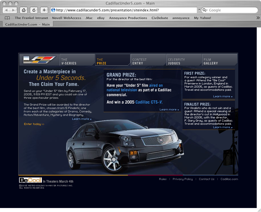 Cadillac Under 5 prize page explaining grand, first-place, and finalist prizes beside a Cadillac CTS-V.
