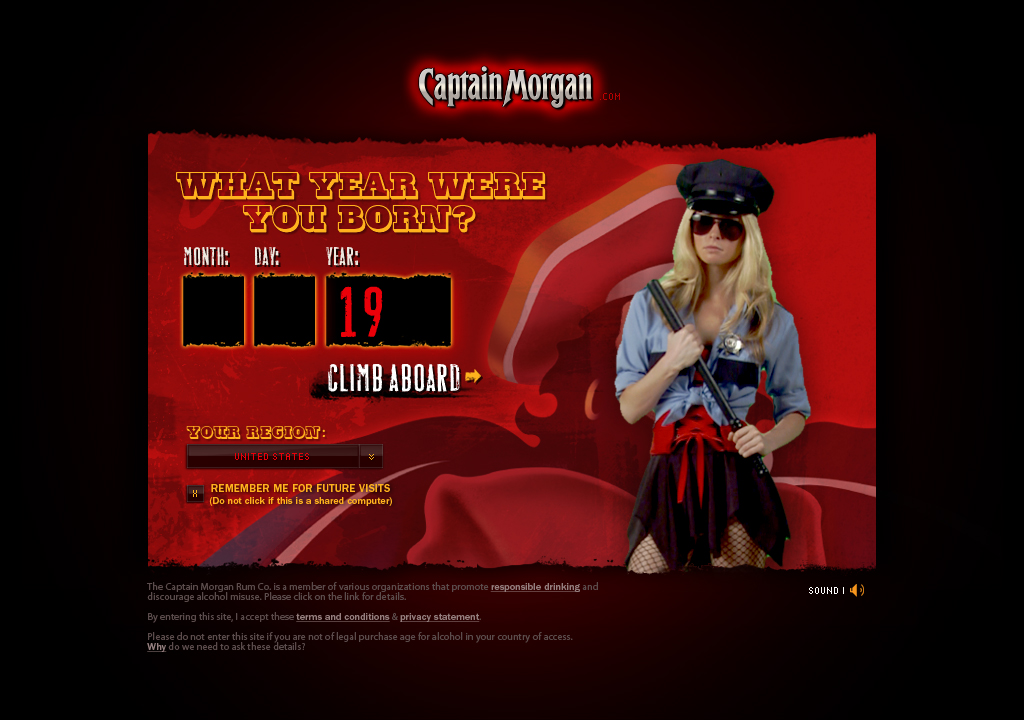 CaptainMorgan.com final-production age and region gateway comp with a red Captain Morgan brand world.