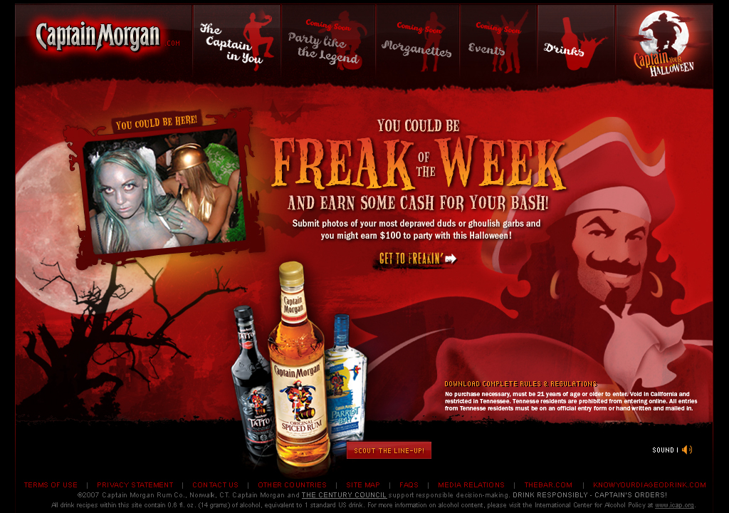 CaptainMorgan.com final-production home-page comp with red navigation and a Freak of the Week Halloween promotion.