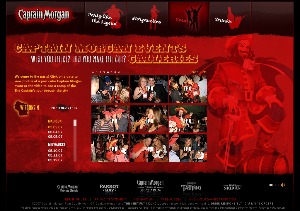 CaptainMorgan.com final-production events landing-page comp with event galleries and city coverage.