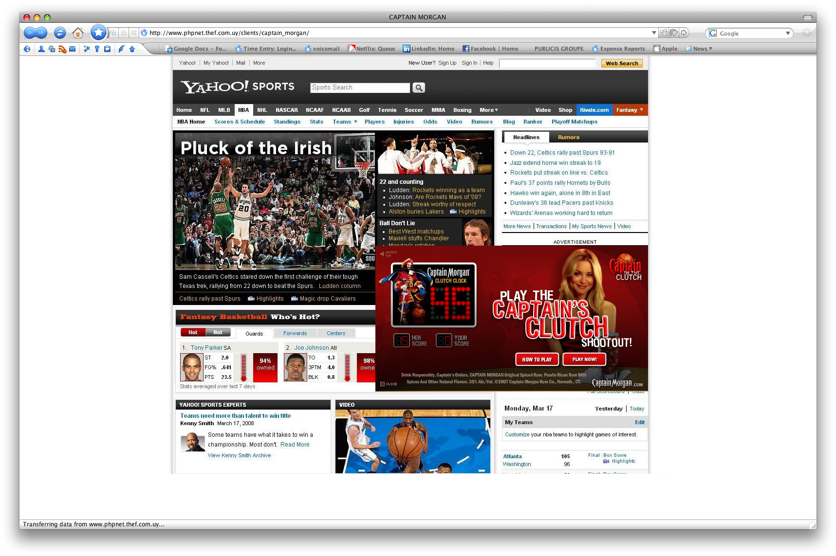 Yahoo Sports page with the expanded Captain’s Clutch rich-media experience, documentary capture 1 of 8.