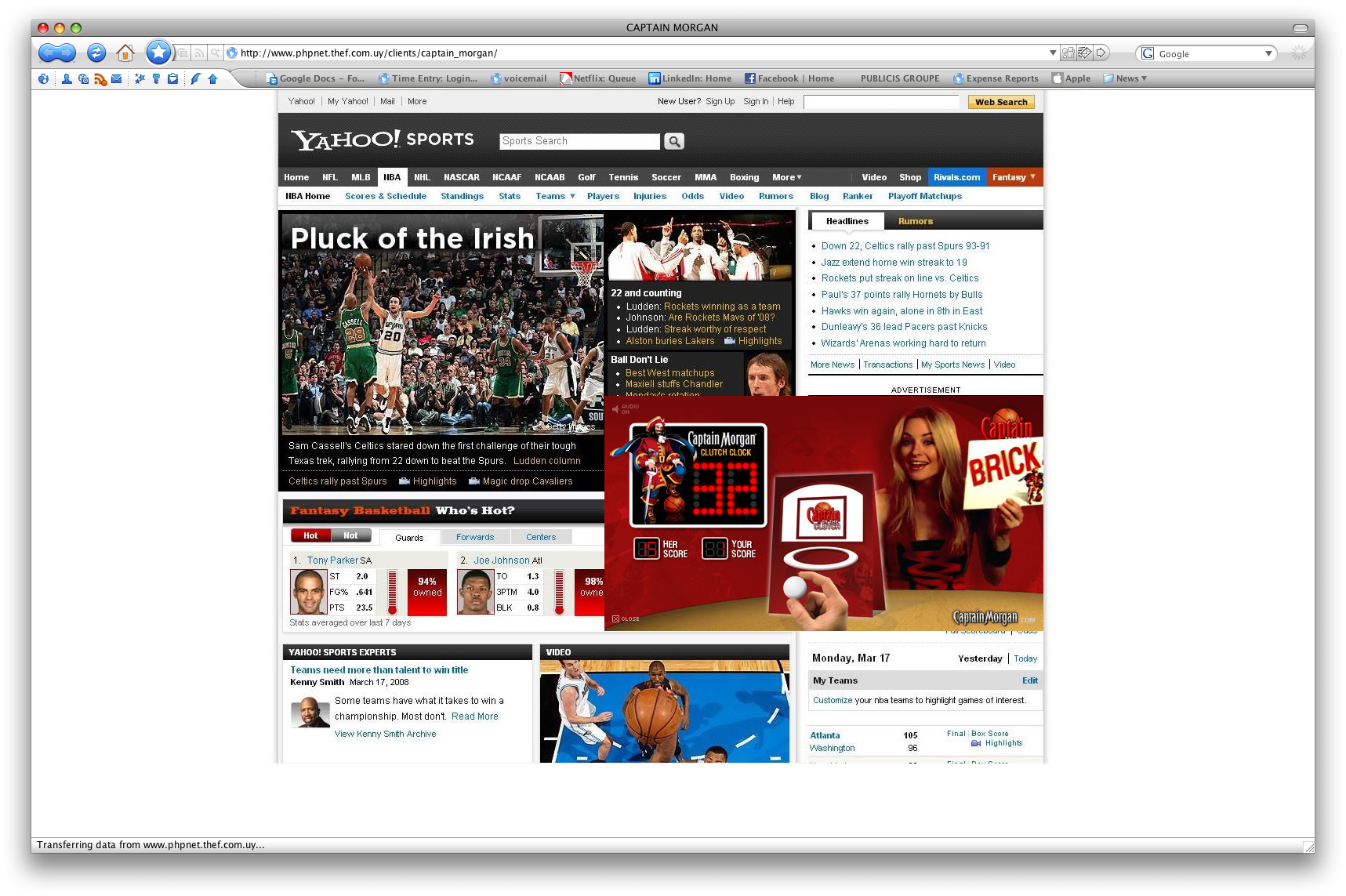 Yahoo Sports page with the expanded Captain’s Clutch rich-media experience, documentary capture 2 of 8.