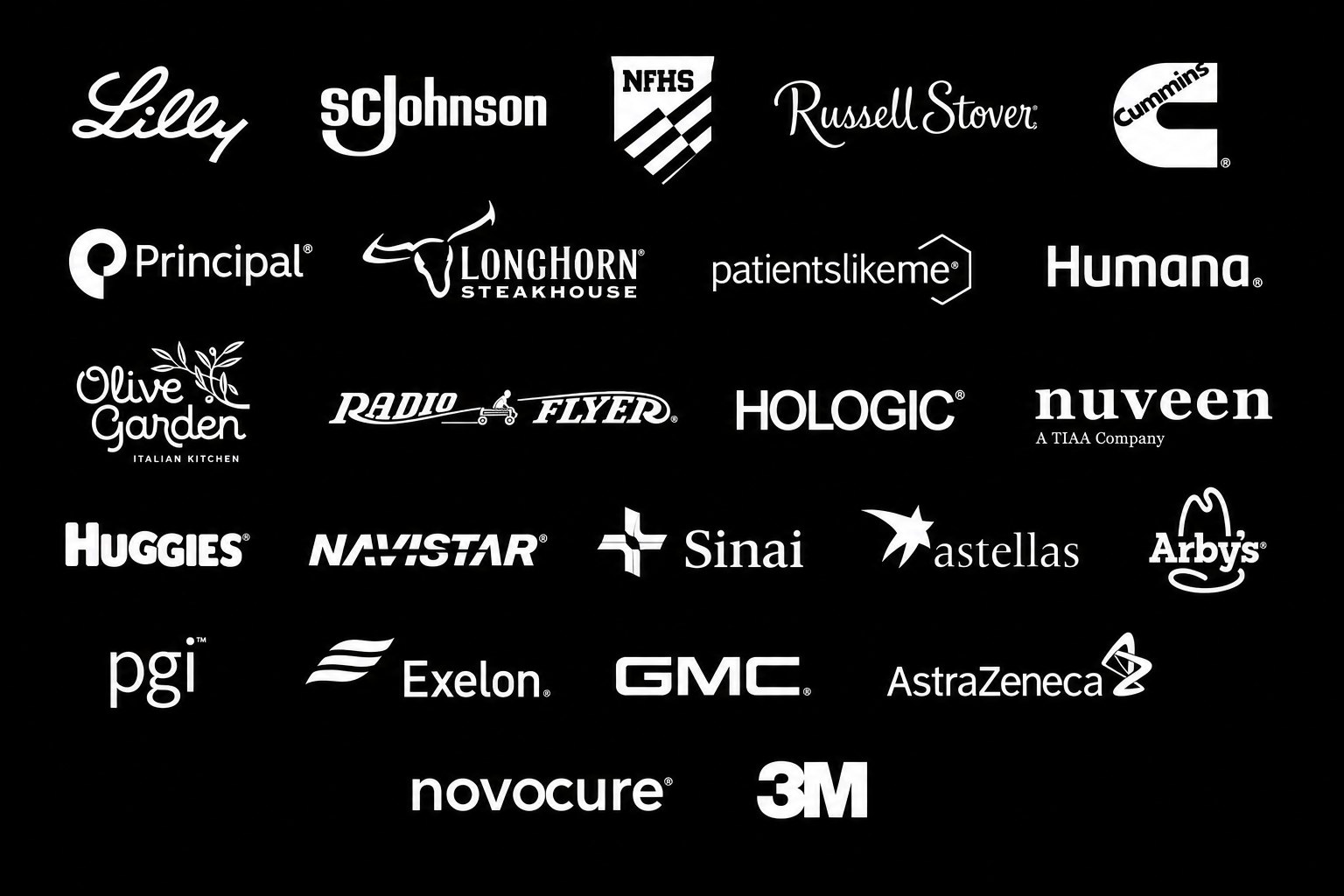 Client portfolio from executive strategy, brand, experience, and communications work, including Lilly, SC Johnson, NFHS, Cummins, Principal, PatientsLikeMe, Humana, Nuveen, and other enterprise brands.