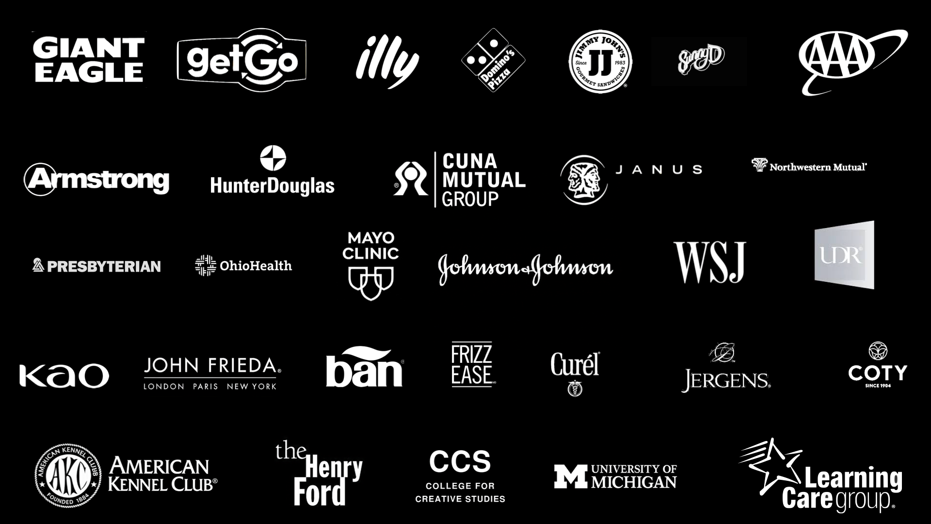 Enlighten client portfolio spanning food and beverage, healthcare, financial services, publishing, consumer products, and enterprise experience work.