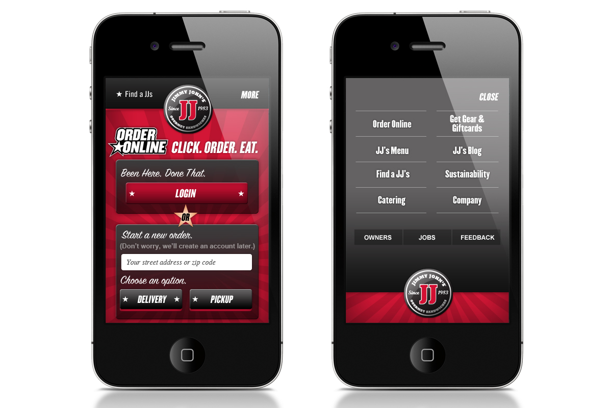 Two phone comps for the first snap-to direction showing order entry and expanded navigation.