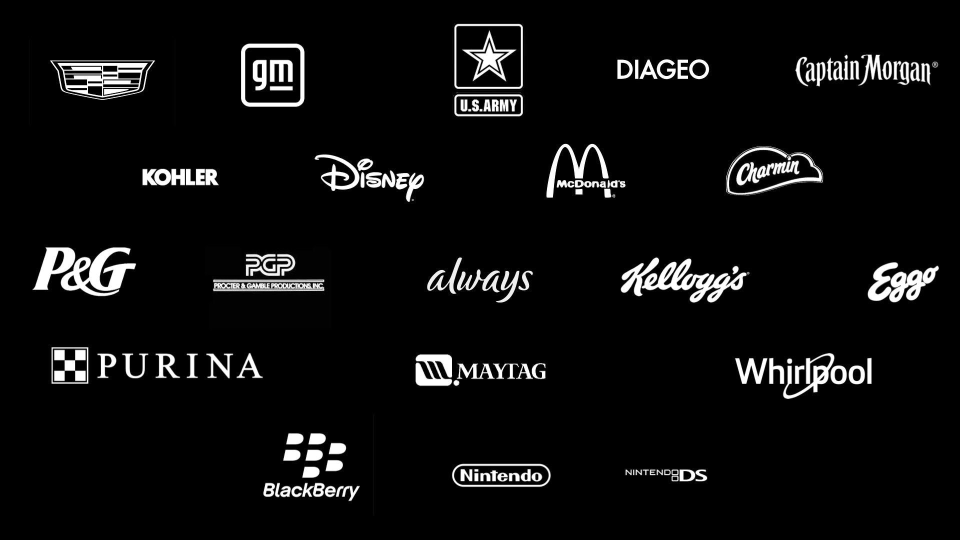 Leo Burnett client portfolio including Cadillac, General Motors, U.S. Army, Diageo, P&G, Kellogg's, Eggo, Nintendo, BlackBerry, Purina, and Whirlpool.