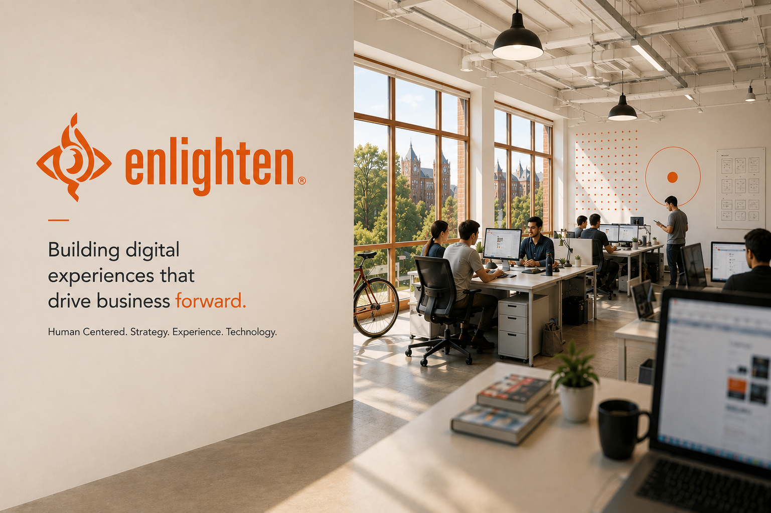 Enlighten leadership image with the line 'Building digital experiences that drive business forward.'